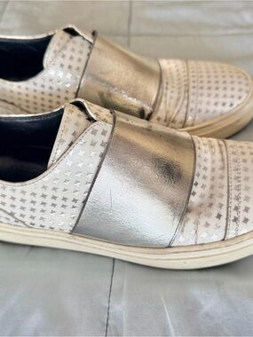 Jimmy Choo White Metallic Slip-On Sneakers with Elastic Silver Strap